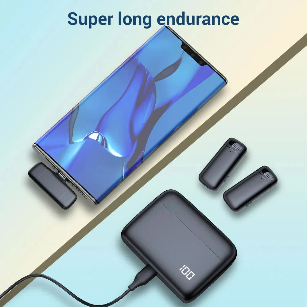 Wireless Stereo Lavalier Microphone with charging case, shown with smartphone and wireless transmitters for outdoor live interviews