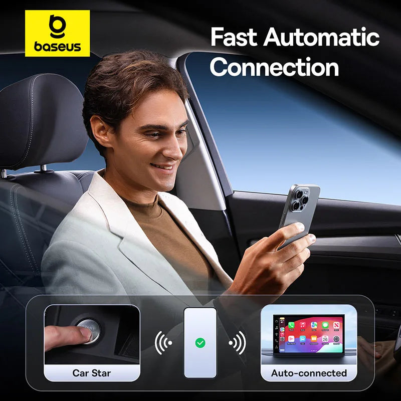 Man using Baseus wireless CarPlay adapter in car for fast automatic connection from phone to car display