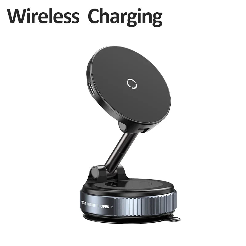 Sleek black 360° magnetic car charger with wireless charging for iPhone 12-16. Offers adjustable viewing angles and strong suction support.