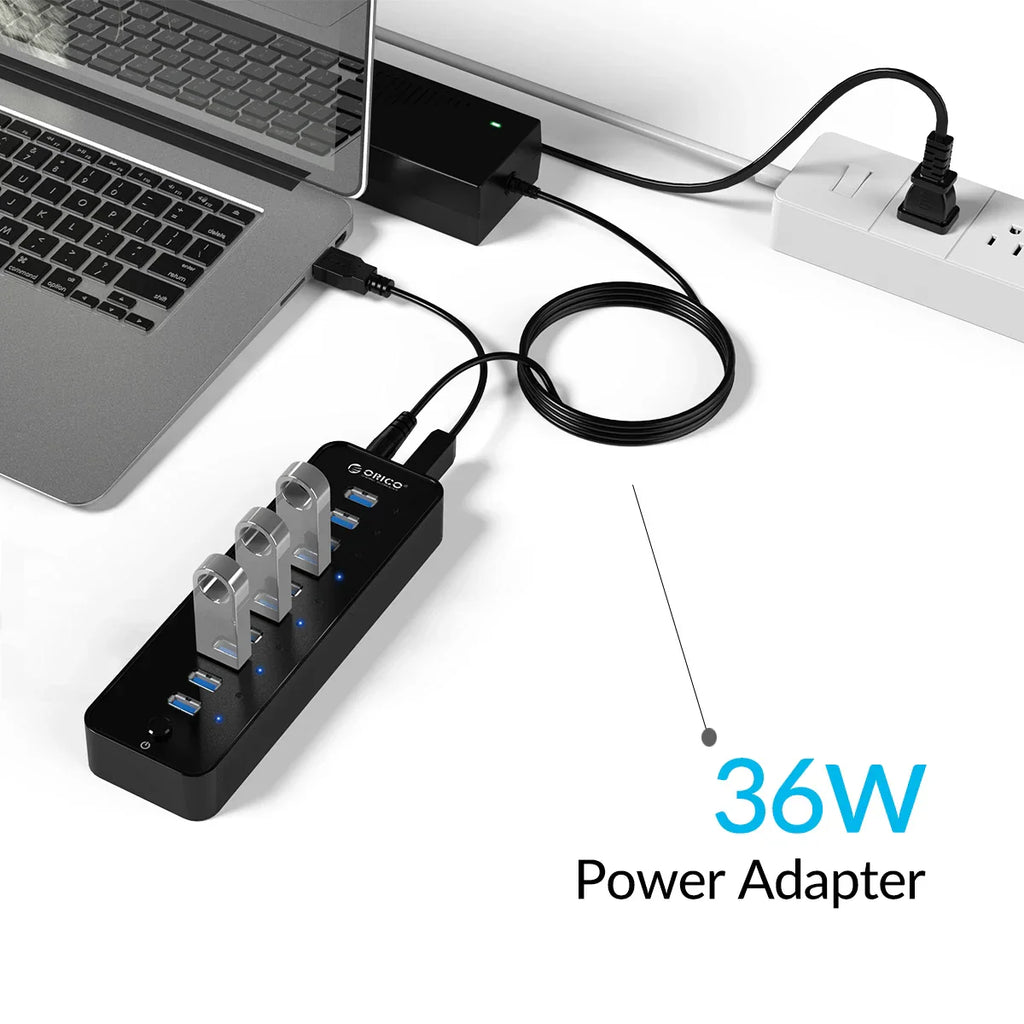 ORICO P10 USB HUB 10-port high-speed USB 3.0/2.0 splitter with 36W power adapter connected to laptop