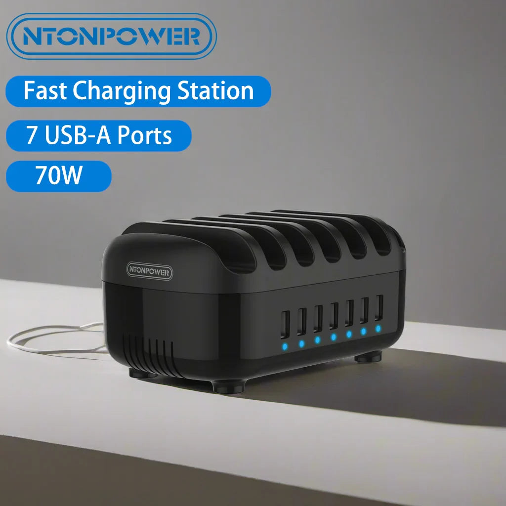 70W Fast Charging Station USB-C Hub 7 Ports iPad Organizer with Cooling Fan US Plug Multiple Device Charger for Office/Family