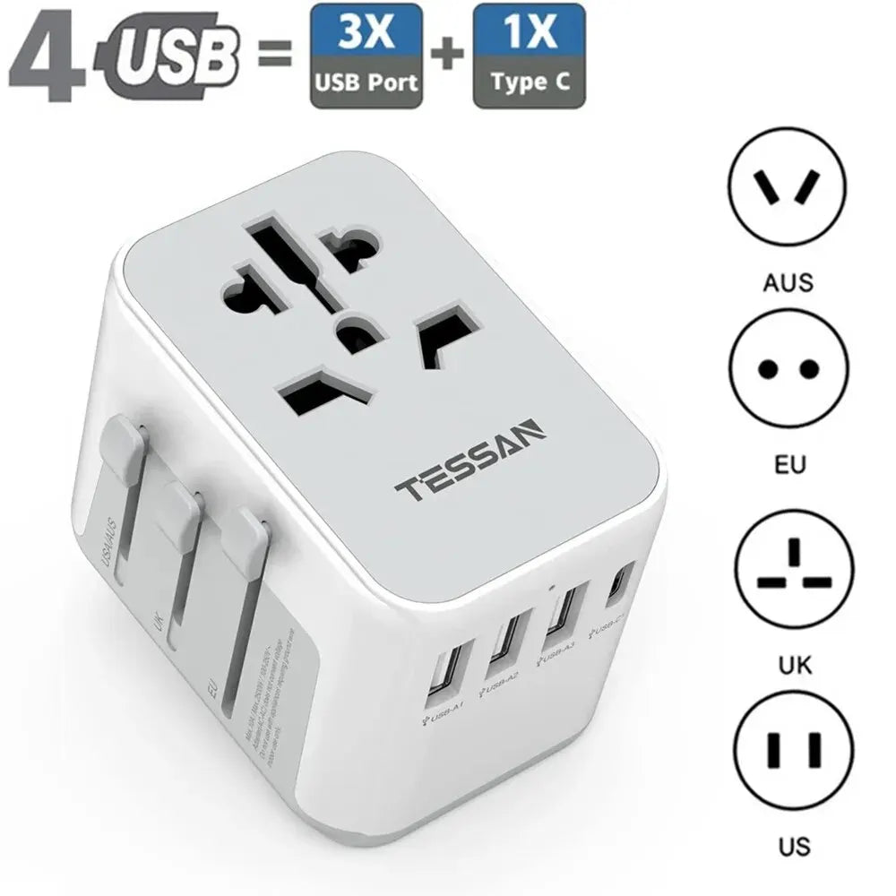 TESSAN universal travel adapter with 3 USB ports, 1 USB-C, and international plugs for US, EU, UK, AUS travel