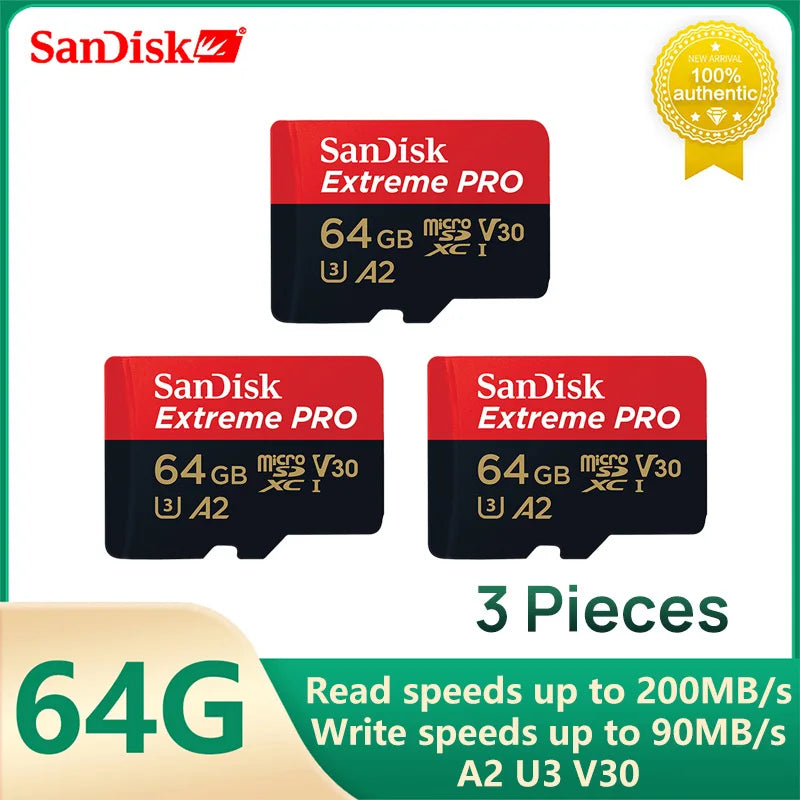 SanDisk V30 Micro SD Extreme PRO 64GB microSDXC memory card with 200MB/s read speed and A2 U3 V30 rating for 4K video and fast app performance, pack of 3.