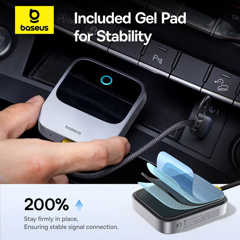 Baseus Wireless CarPlay Adapter with gel pad for stable signal and auto-connect Bluetooth 5.0 plug and play car system