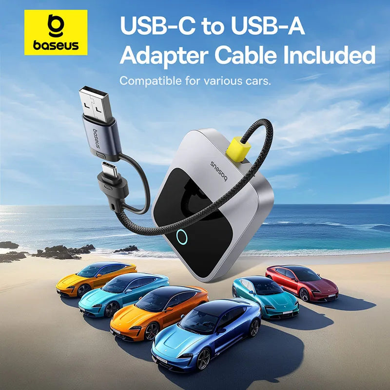 Baseus wireless CarPlay adapter with USB-C to USB-A cable for easy plug and play connection in cars