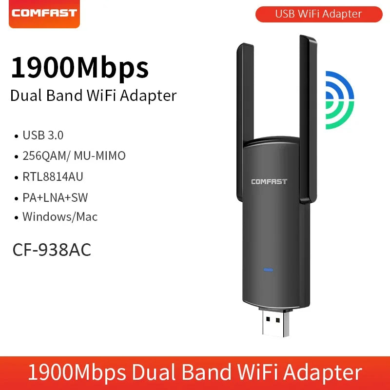Comfast BE6500 USB 3.0 dual-band WiFi 6 adapter with 1900Mbps speed and dual antennas for Windows and Mac