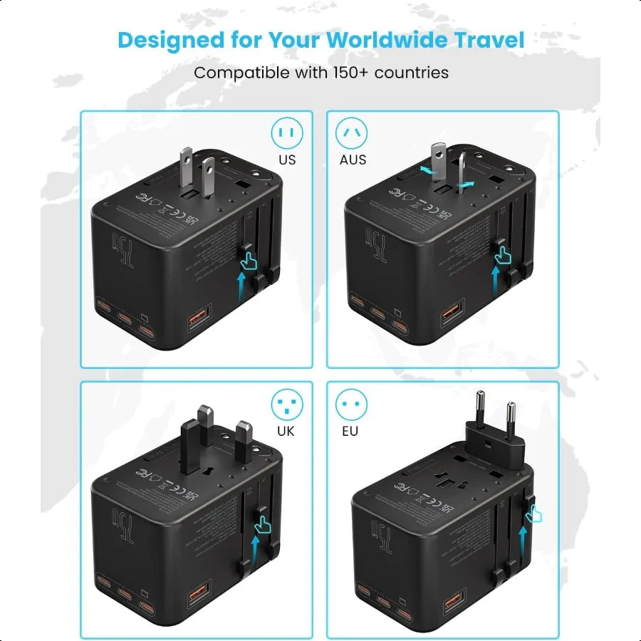 Compact universal travel adapter with 75W GaN, 3 USB C PD ports, 2 USB A QC ports, compatible with UK, EU, US, and AUS plugs.