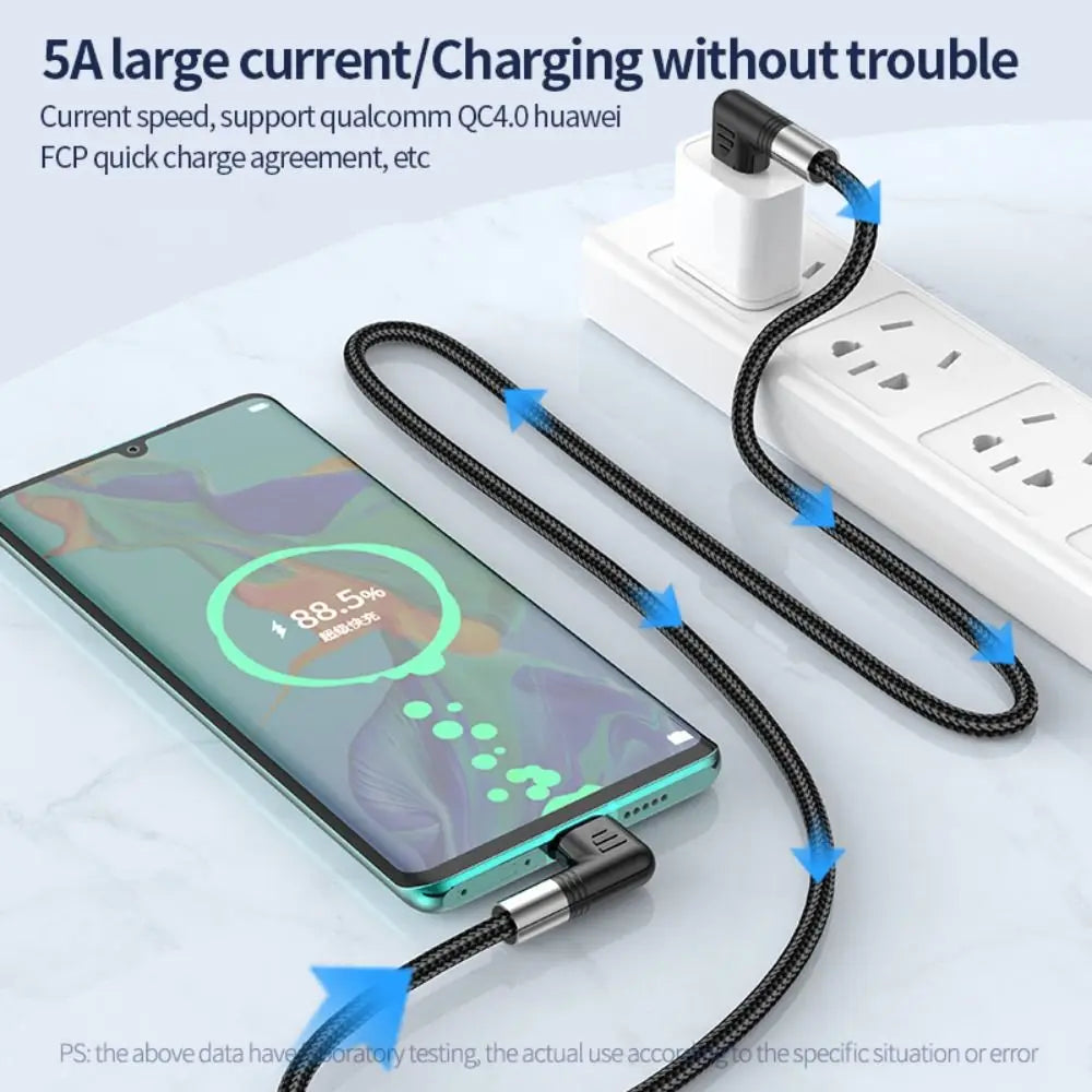 90 Degree 20V 5A Emarker Chip QC4.0 USB-C Data Cord Type C Cable Fast Charging PD 100W