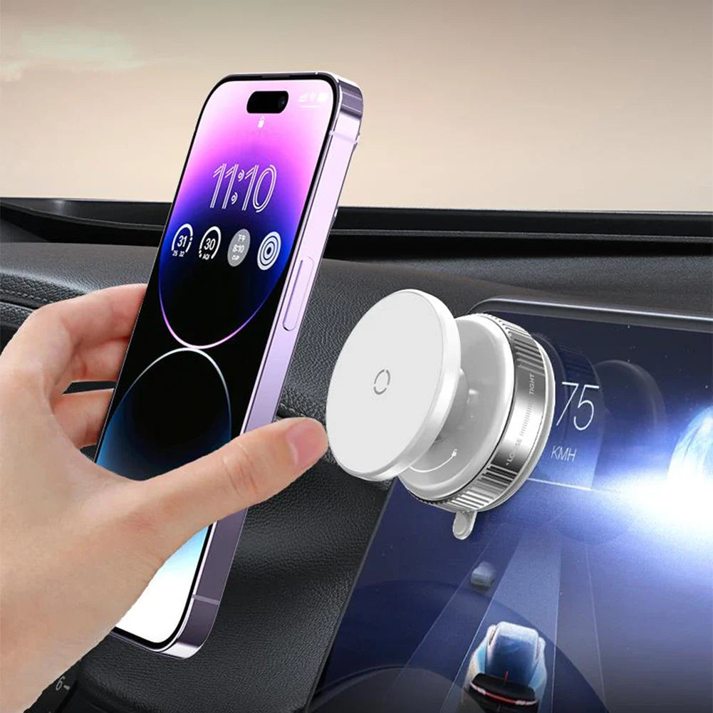 User attaching phone to white Magsafe Car Phone Holder on dashboard, highlighting magnetic mount and 360° rotation.