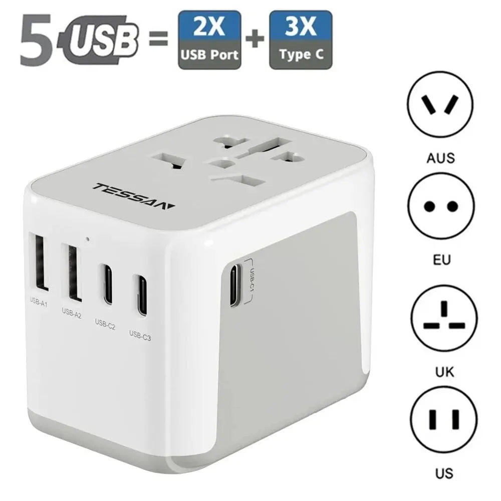 TESSAN universal travel adapter with 2 USB ports, 3 USB-C ports, and all-in-one international plug for AUS, EU, UK, and US.