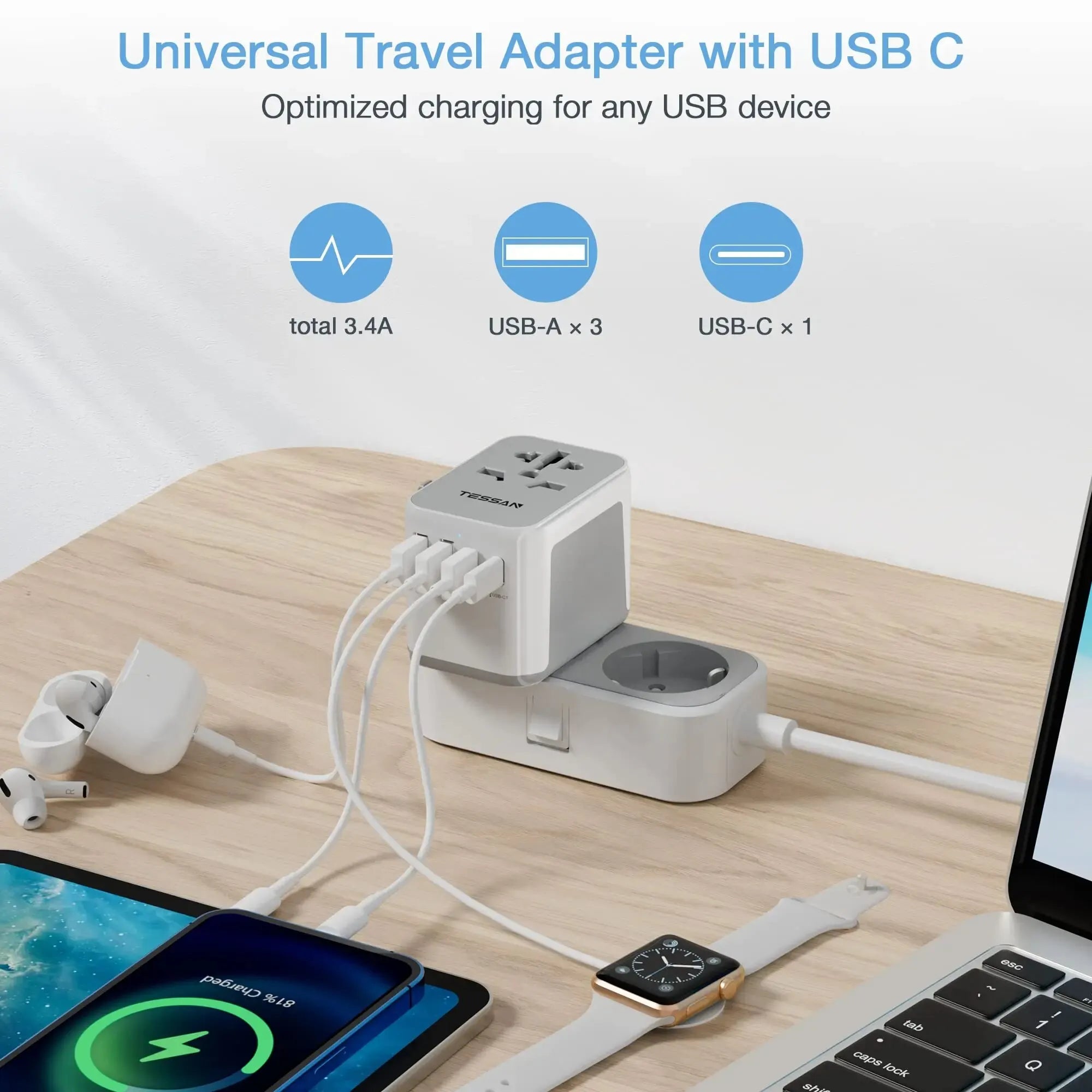 TESSAN Universal Travel Adapter with 3 USB-A ports, 1 USB-C port, and AC socket for worldwide charging US EU UK AUS international plug compact charger