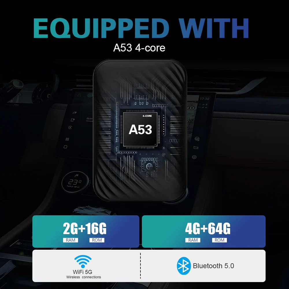 BYLITU Android Ai Box wireless CarPlay adapter with A53 4-core, 2G+16G or 4G+64G, WiFi 5G and Bluetooth 5.0 for car multimedia player