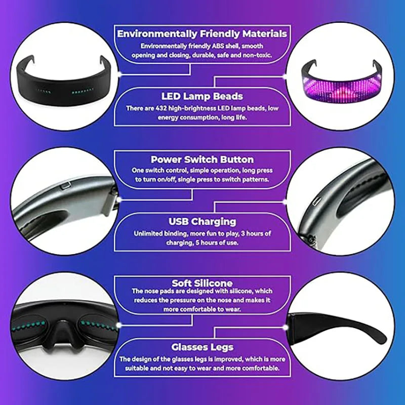 Close-up features of Programmable Bluetooth LED Glasses Party Wear including USB charging, soft silicone pads, and 432 RGB lamp beads.