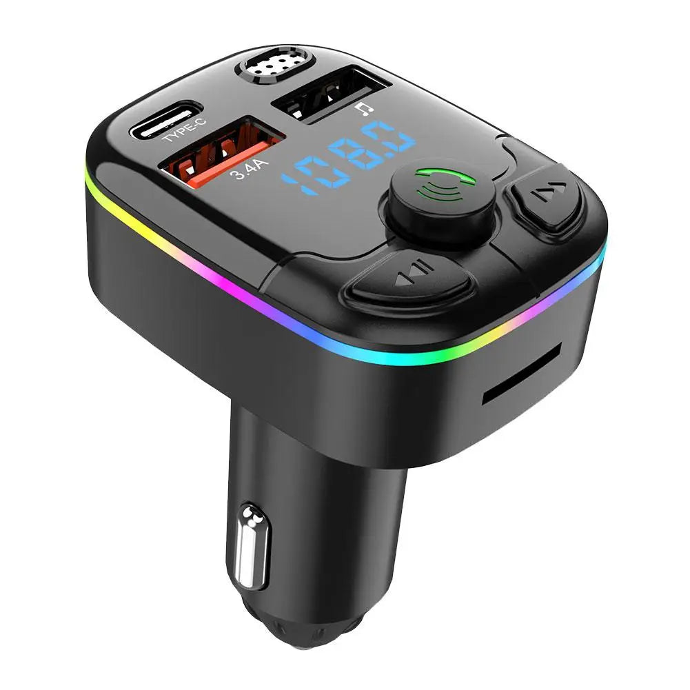 Bluetooth 5.0 Car FM Transmitter with USB & Type-C Charger compact design with dual USB ports, LED screen, and rainbow light strip for car interiors.