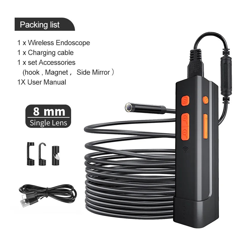 Wireless endoscope with 8mm lens, semi-rigid flexible cable, IP67 waterproof, WiFi camera for automotive inspection and mobile devices.