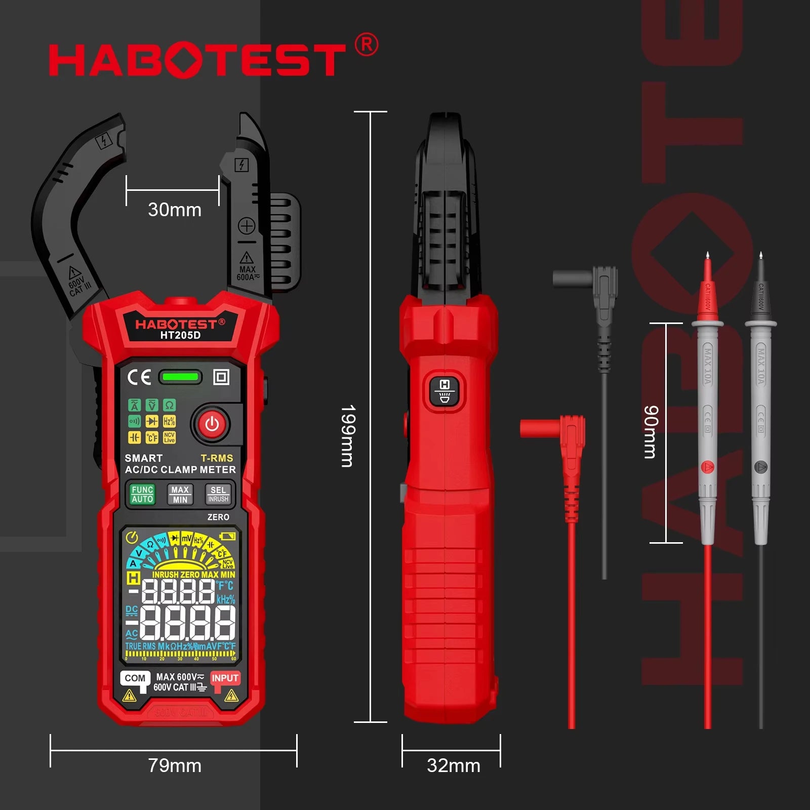HABOTEST HT205A/D Clamp Meter Auto Range True RMS NCV DC AC Voltage Inrush Current Temperature Tester Automatic Voltmeter