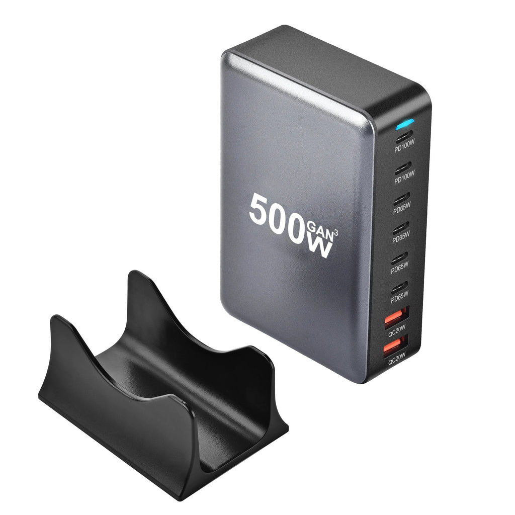 500W GaN multi-port desktop PD charger with 8 USB and Type-C ports and stand