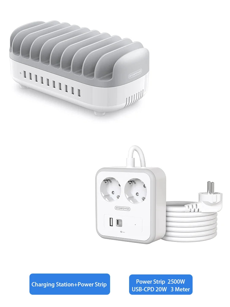 120W fast charging station with 10 USB ports and EU power strip for multiple device charging and organization