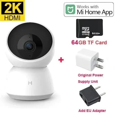 Smart Camera 2K 1296P HD 360° WiFi IP camera with night vision, 64GB card, and Mi Home app compatibility