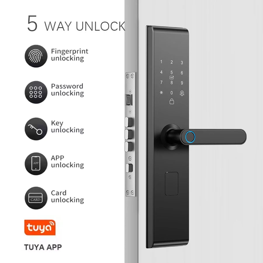 Smart Digital Door Lock Fingerprint Password Anti-theft Magnetic Card Key Unlock Doorlock WiFi Tuya APP