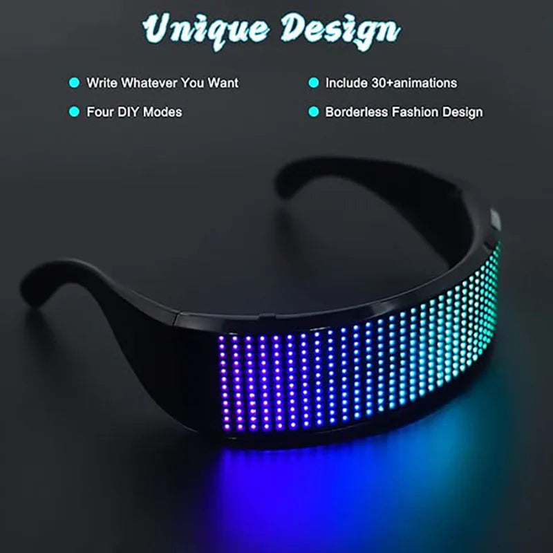Bluetooth LED Glasses Party Wear with unique design, featuring 432 RGB lamp beads and four DIY modes for customizable light effects.