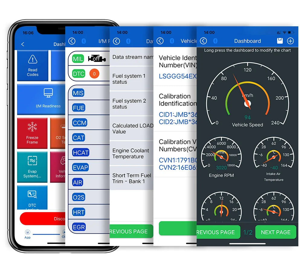 KONNWEI KDIAG Bluetooth full system car diagnostic tool app interface with vehicle data and gauges display