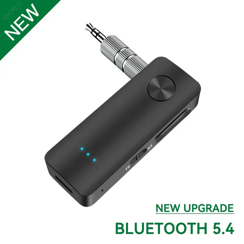 Compact black 2-in-1 Bluetooth 5.4 audio receiver transmitter wireless adapter with 3.5mm AUX and mic for car, TV, and PC audio streaming
