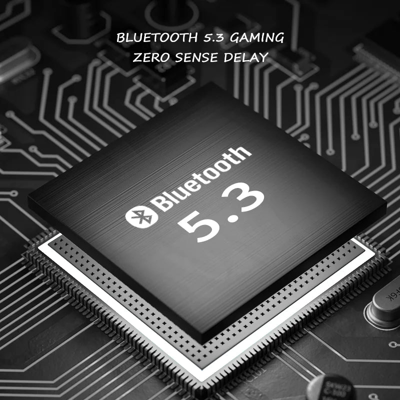 Close-up of Bluetooth 5.3 chip highlighting wireless gaming earphones with zero delay technology