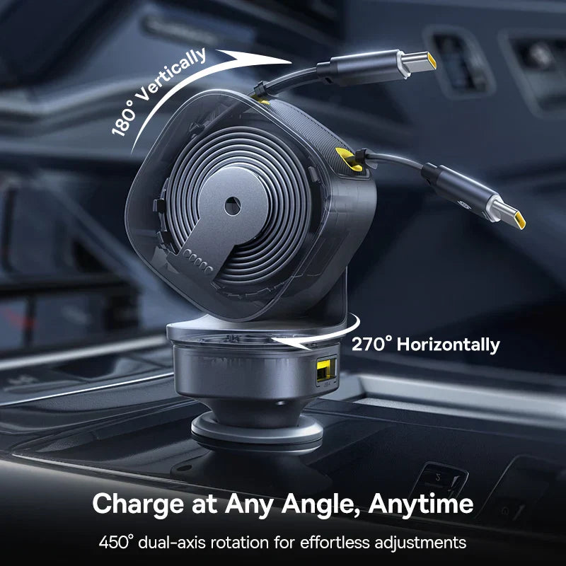 Baseus Car Charger with 4 ports and dual retractable USB Type-C cables, 60W fast charging, adjustable 450° rotation, installed in car console