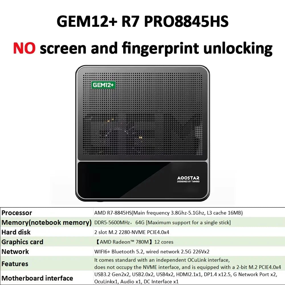 AOOSATR GEM12 Max Gaming Mini PC AMD Ryzen 7 8745HS High Performance USB4 OCuLink DDR5 5600MHz Wi-Fi 6 4K@120Hz Desktop Mini PC