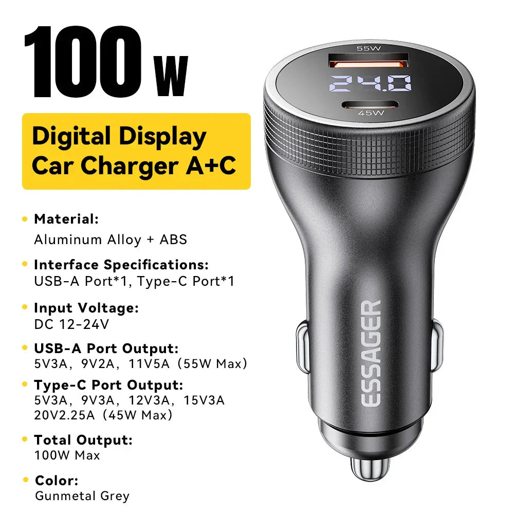 Essager 100W USB C car charger with digital display fast charging adapter in gunmetal grey