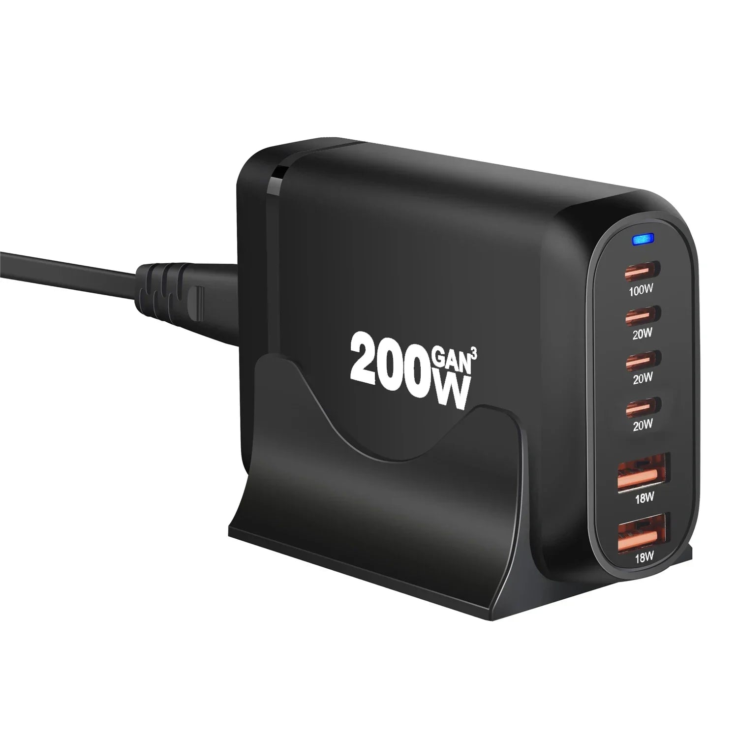 200W GaN desktop charger with six USB Type C fast charging ports black compact design
