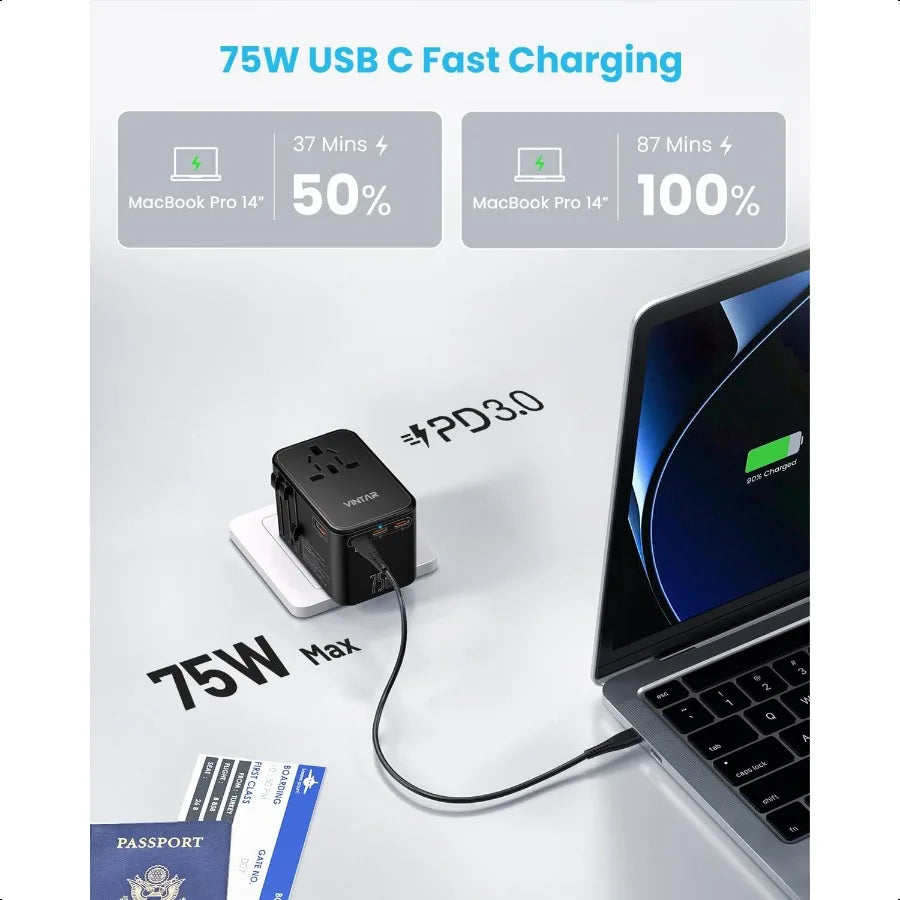 Compact universal travel adapter 75W GaN with 3 USB-C PD and 2 USB-A QC ports fast charging laptop and devices