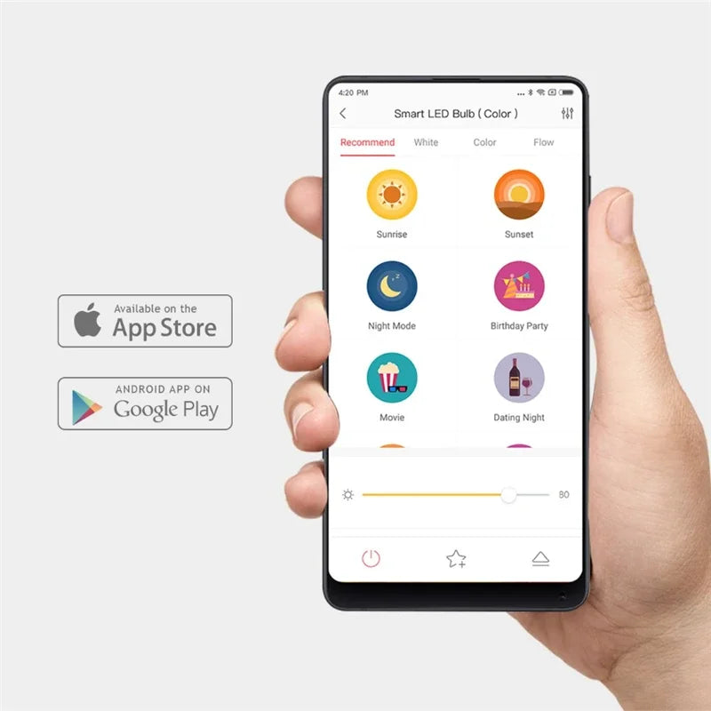 Yeelight LED Bulb WiFi - Smart Control | 16M Colors Bulb app interface on smartphone with preset lighting modes and App Store, Google Play icons.