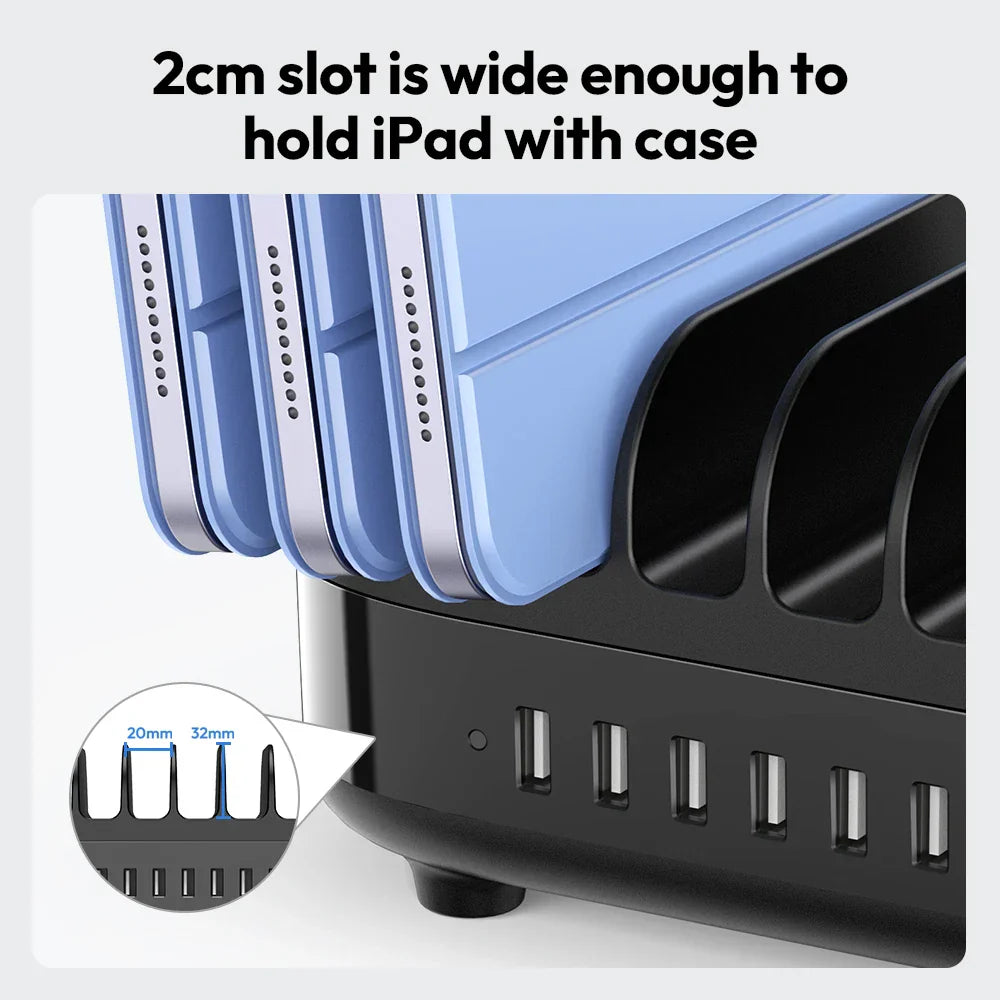 120W fast charging station with 10 USB ports and 2cm slots holding iPads with cases