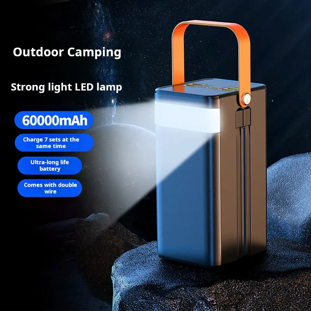 60000mAh portable power bank with strong LED lamp and orange handle for outdoor camping use