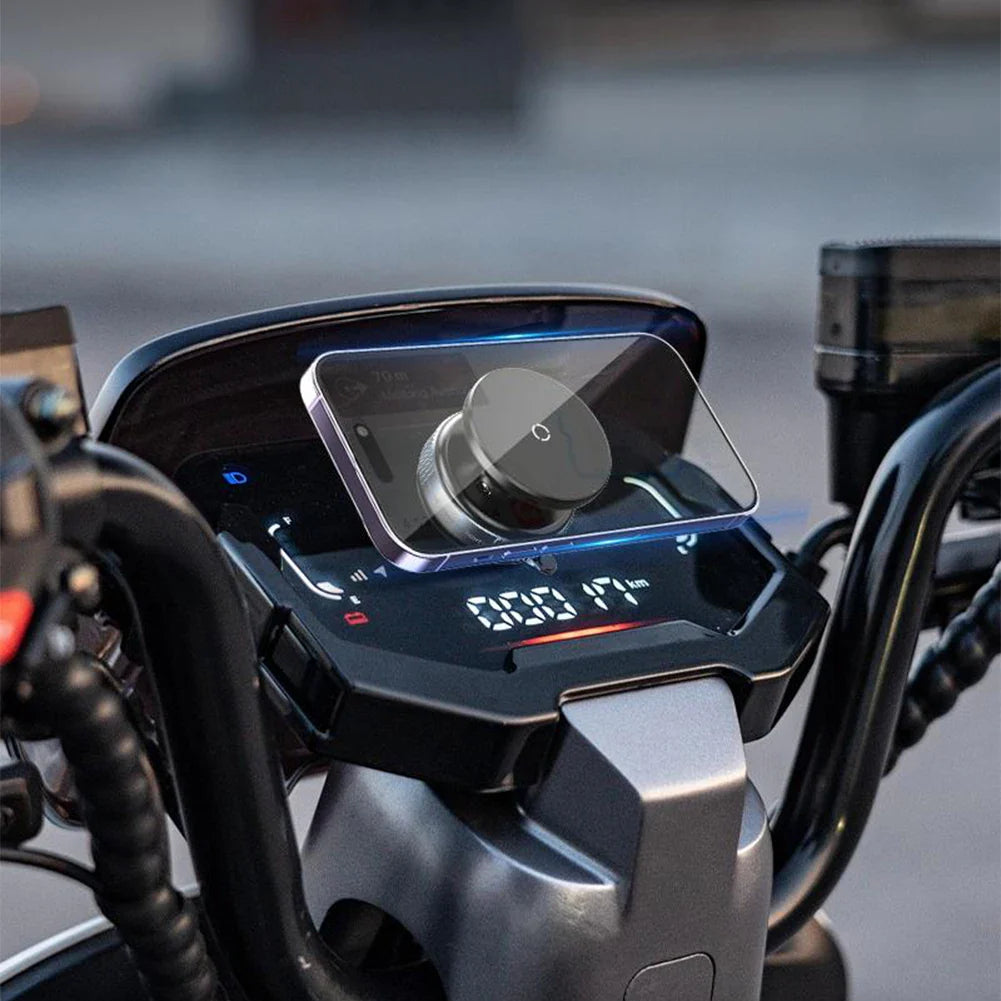 Magsafe Magnetic Car Phone Holder mounted on motorcycle dashboard, offering secure phone grip and adjustable viewing angle.