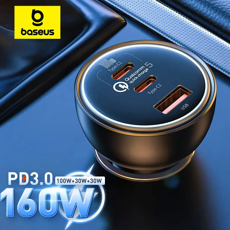 Baseus 160W car charger with dual Type-C and USB ports, Qualcomm Quick Charge 5.0 fast charging for iPhone and laptops