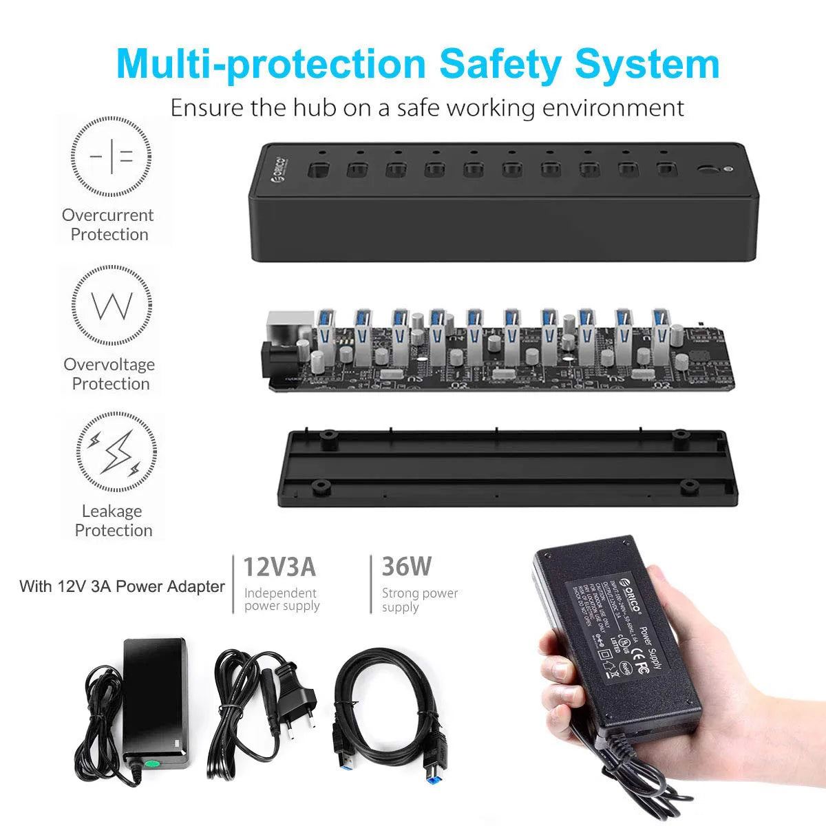 ORICO P10 USB HUB with 10 ports, USB 3.0/2.0, 12V power adapter, multi-protection safety system, black design, for PC and laptop accessories