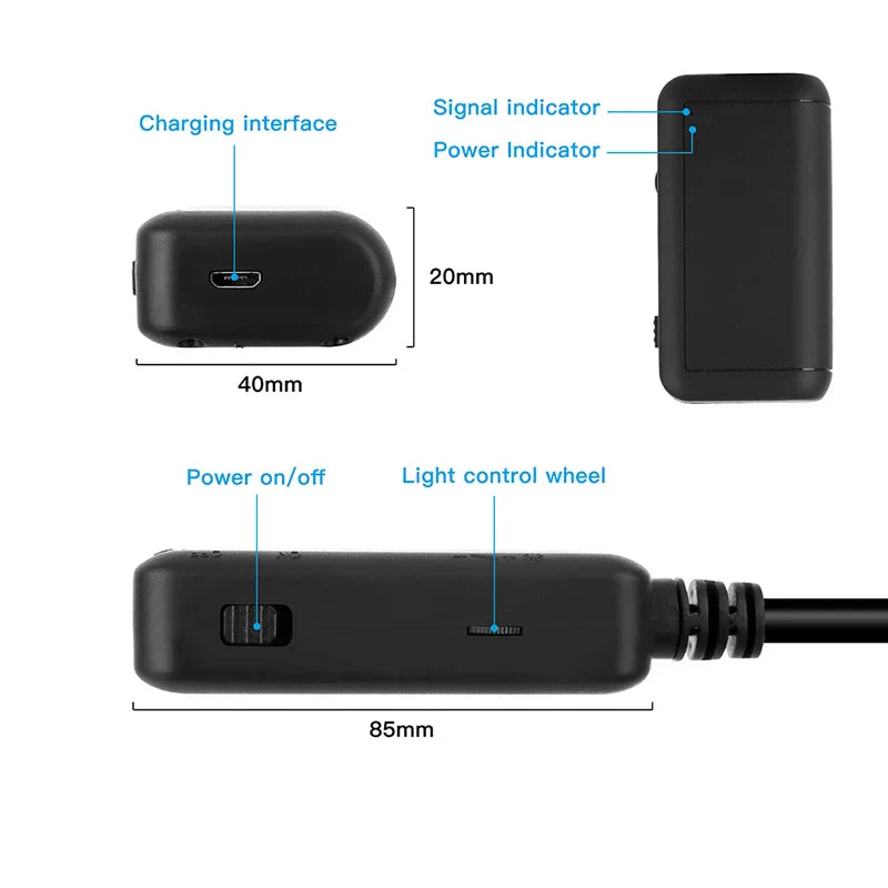 Wireless Endoscope control unit with power switch, light control wheel, charging interface, and signal indicators for automotive inspection camera system