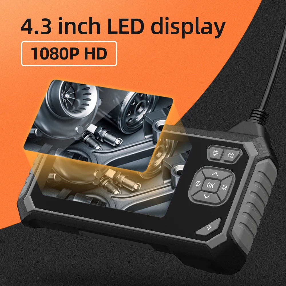Endoscope Camera 4.3 Inch Screen HD1080P 8MM Lens Rigid Cable Pipe Inspection USB Borescope LED 2000mAh for Car Repair With 8LED