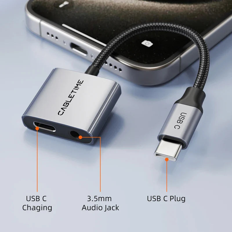 CABLETIME USB C to 3.5mm Audio hub Adapter USB C Headphone Charger 2-in-1 PD 60W Fast Charger Adapter Hi-Fi for IPhone Xiaomi