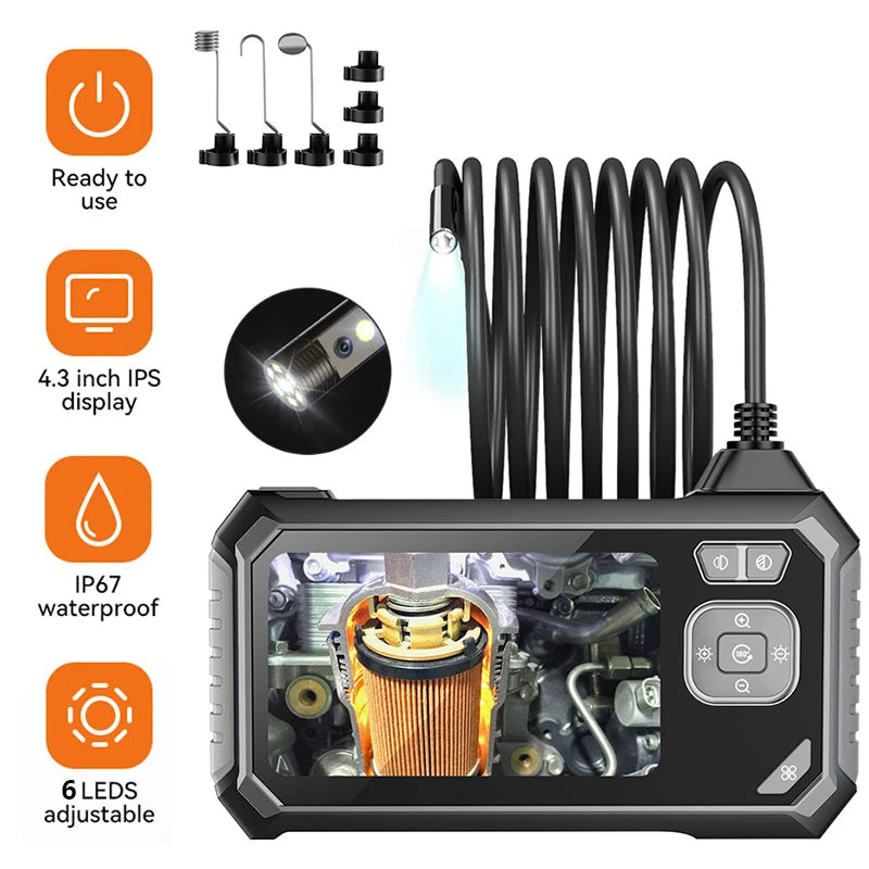 Endoscope Camera 4.3 Inch Screen HD1080P 8MM Lens Rigid Cable Pipe Inspection USB Borescope LED 2000mAh for Car Repair With 8LED