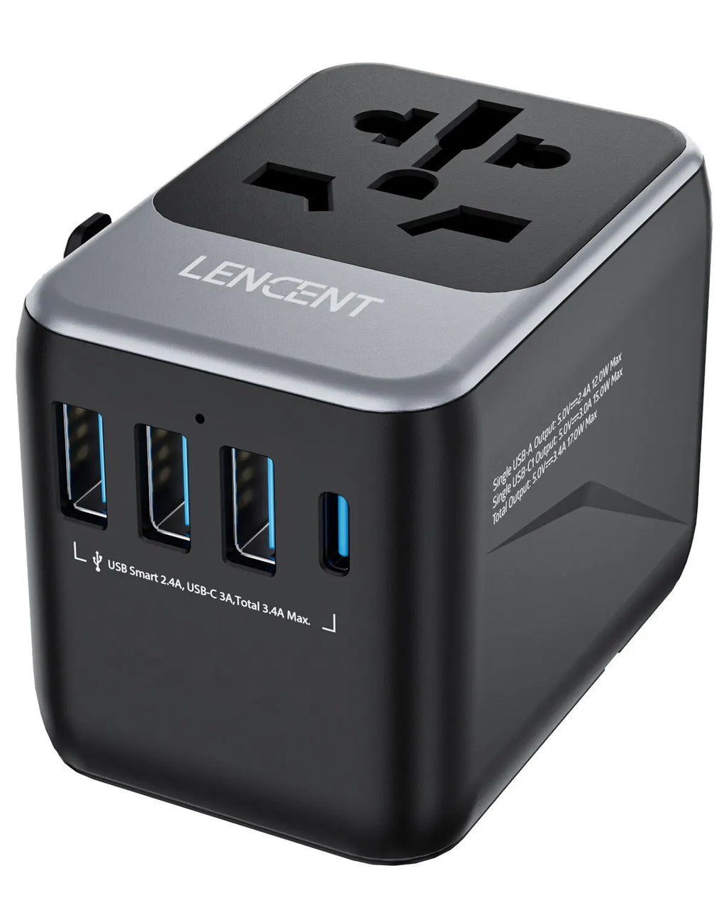 LENCENT universal travel adapter with 3 USB ports and 1 Type-C PD charger for EU/UK/USA/AUS plugs, compact and portable design
