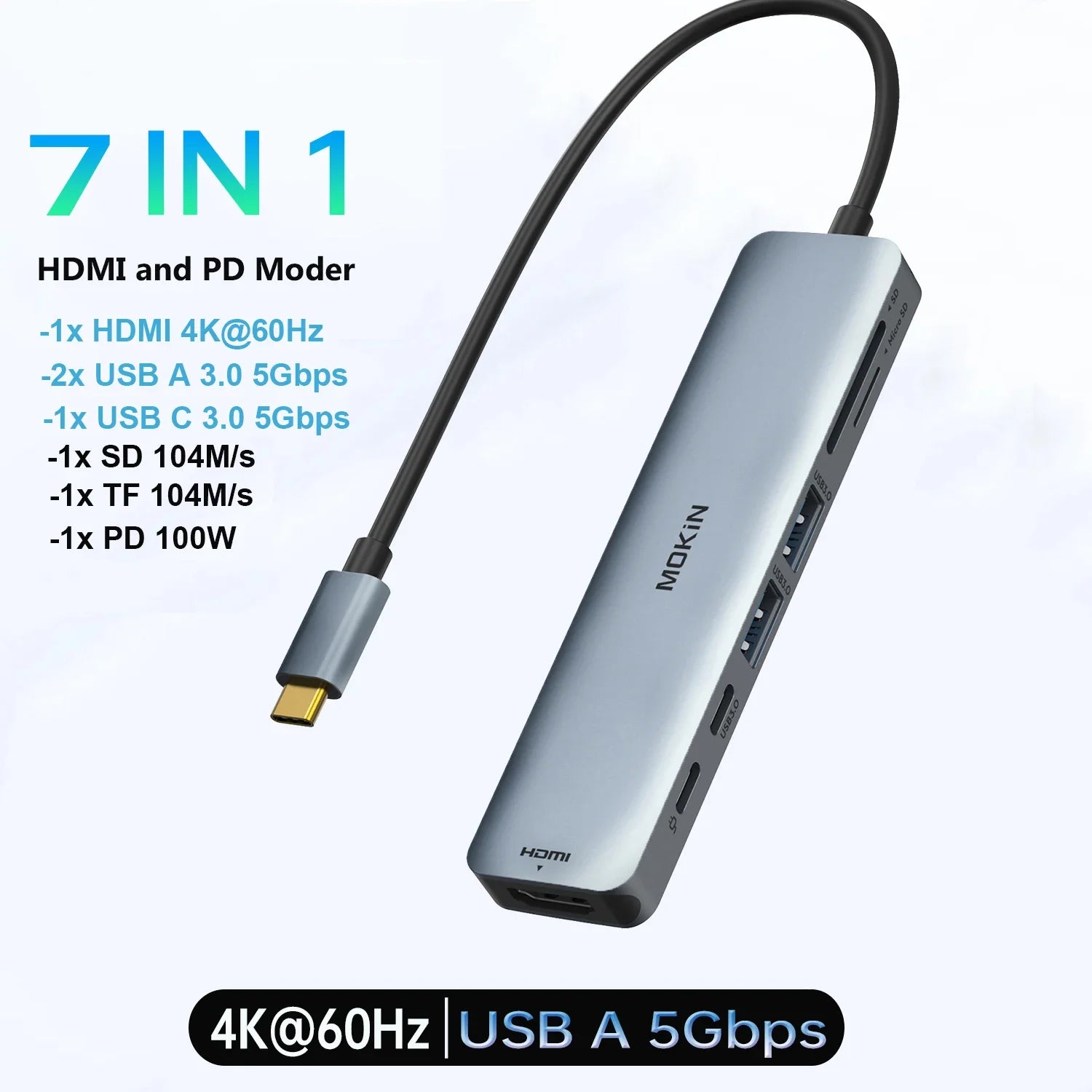 USB-C Hub,7 in 1 USB C to 4K60Hz HDMI Splitter,MOKiN Hub Type C to USB Adapter,Docking Station with 3*USB Port,SD&TF,for laptops