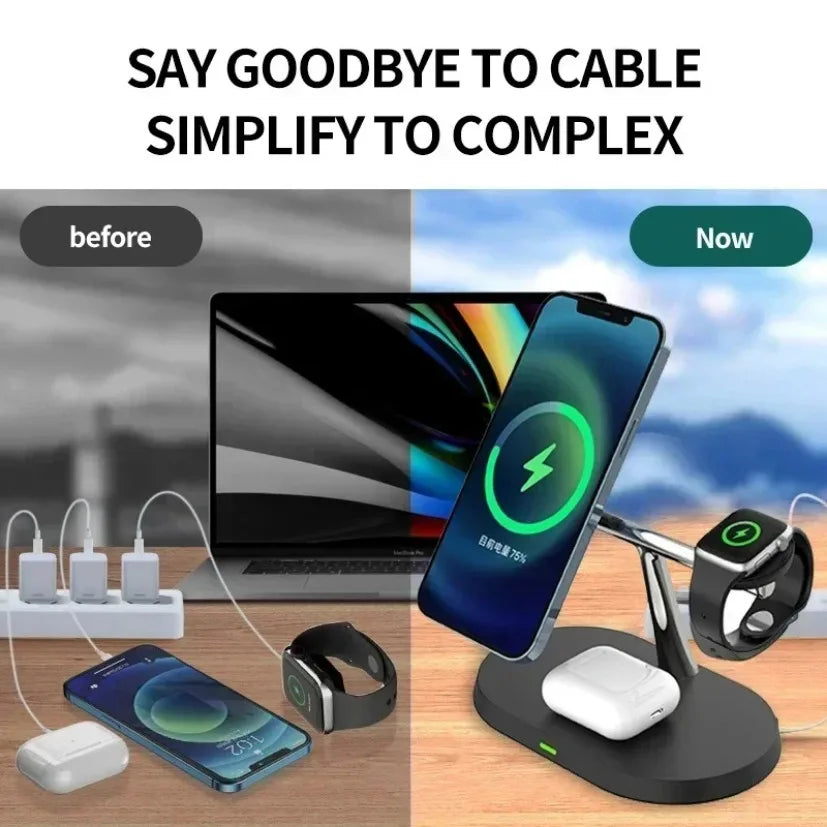 3-in-1 magnetic wireless charger stand for iPhone, iWatch, and AirPods fast charging station