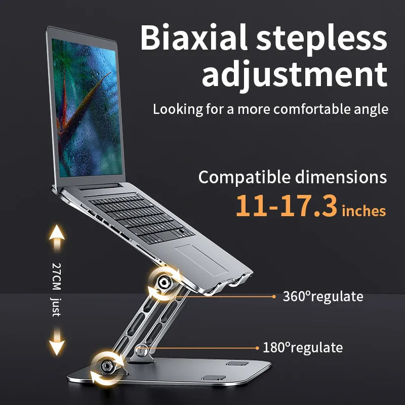 Adjustable aluminum alloy phone tablet stand supporting laptops 11 to 17.3 inches with biaxial stepless height and angle regulation