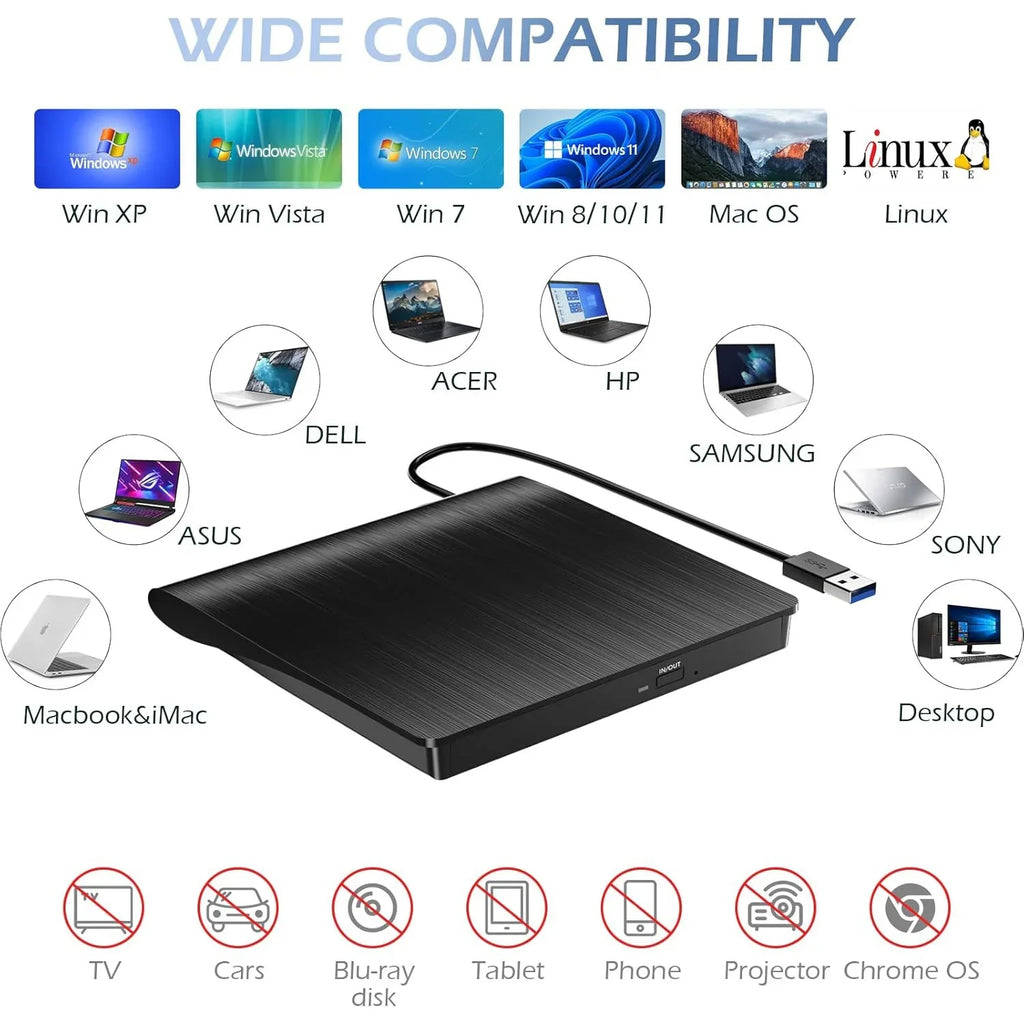 External CD/DVD Drive, USB 3.0 CD DVD Player Portable +/-RW Burner CD ROM Reader Writer Disk Duplicator for Laptop Desktop PC