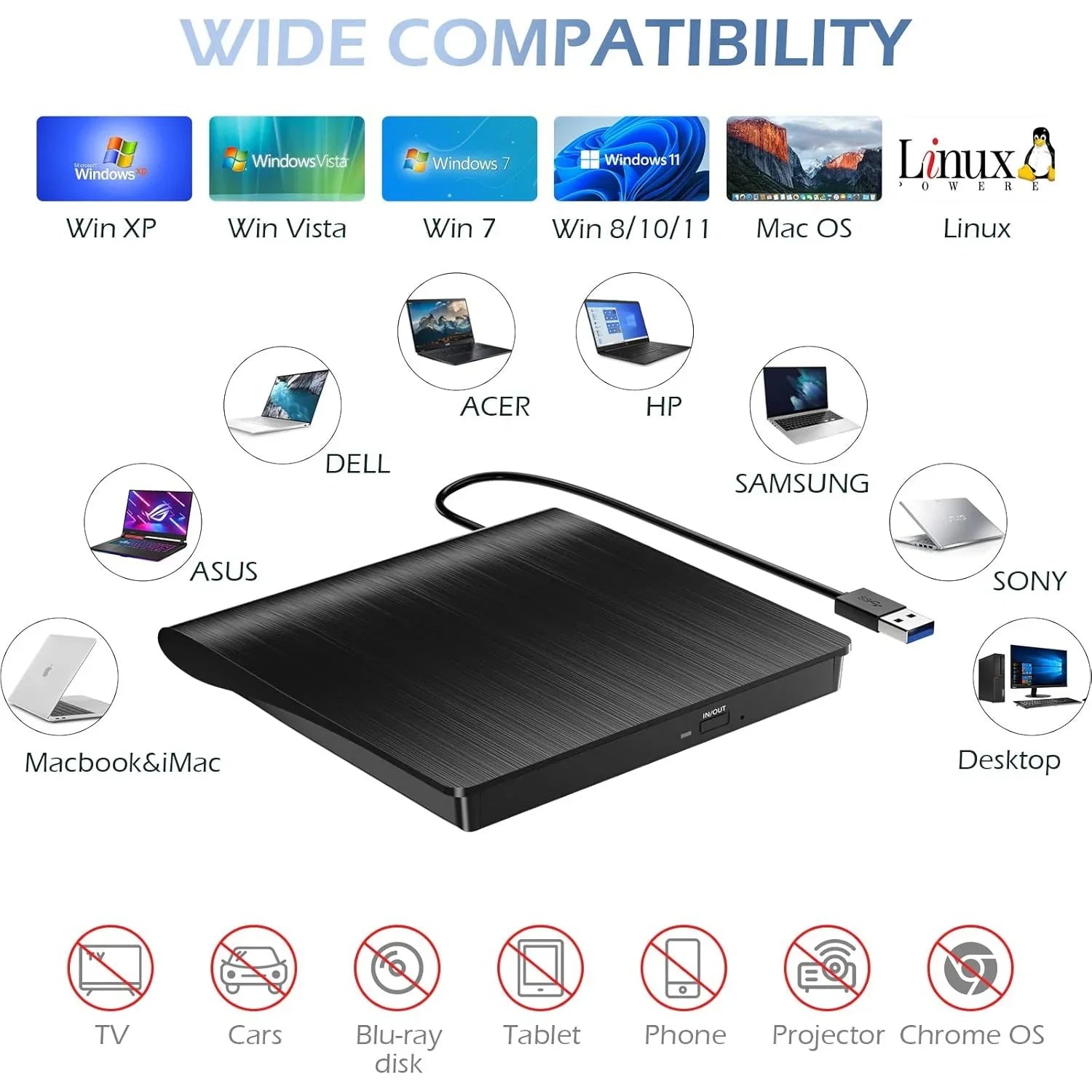 External CD/DVD Drive, USB 3.0 CD DVD Player Portable +/-RW Burner CD ROM Reader Writer Disk Duplicator for Laptop Desktop PC