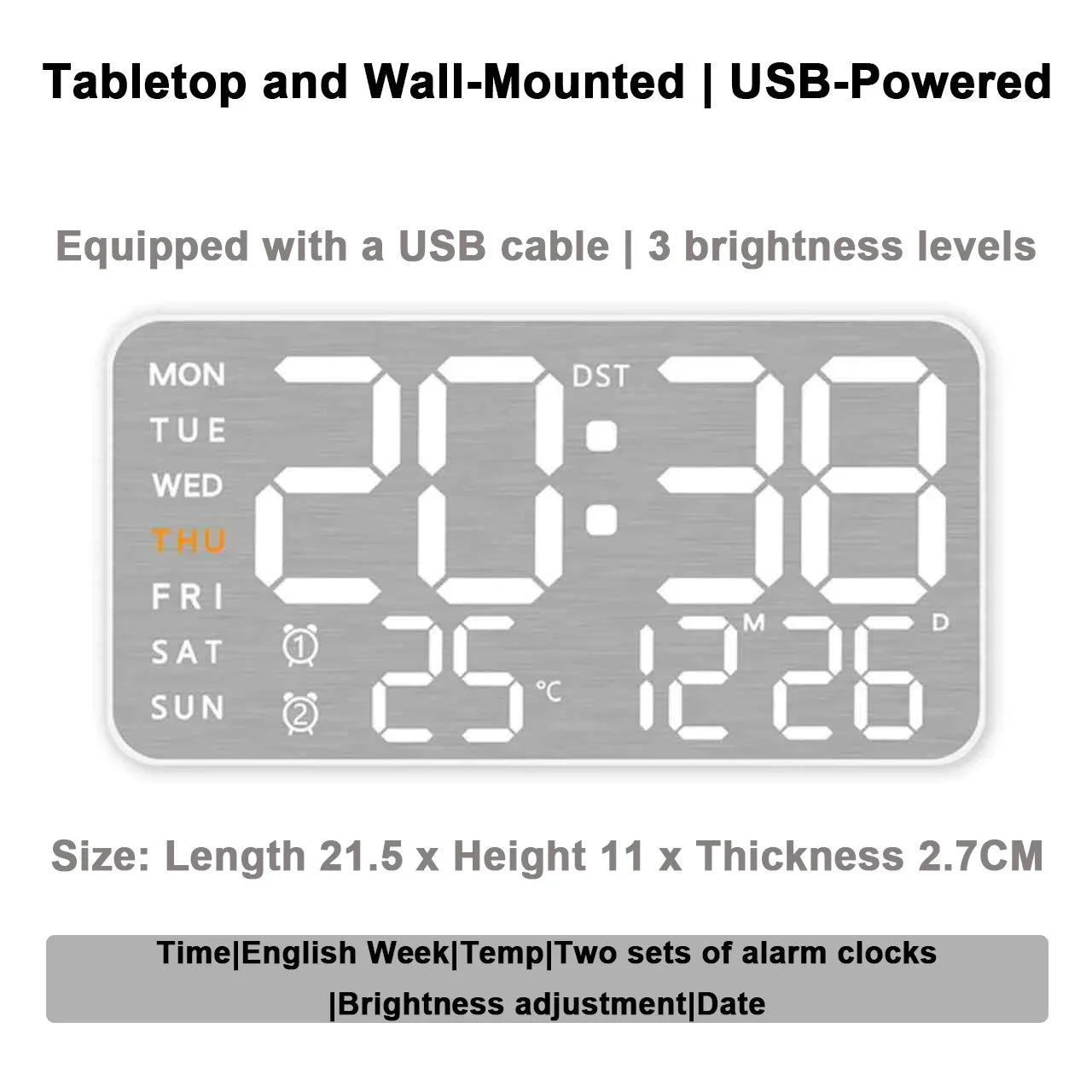 USB-powered digital wall clock with large display, showing time, date, and temperature, suitable for tabletop or wall mounting.